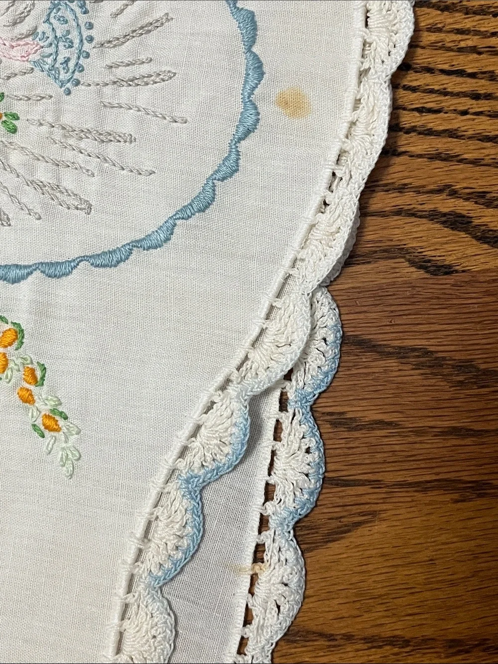 Vtg Embroidered White Cotton Pillowcases with Blue Floral Medallion
